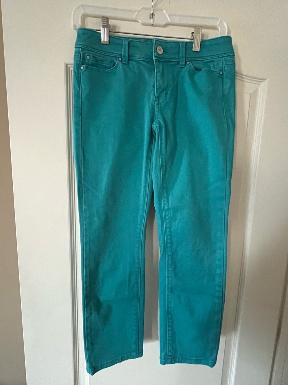 White House Black Market Women's Teal Slim Straight Jeans Cropped Size 00